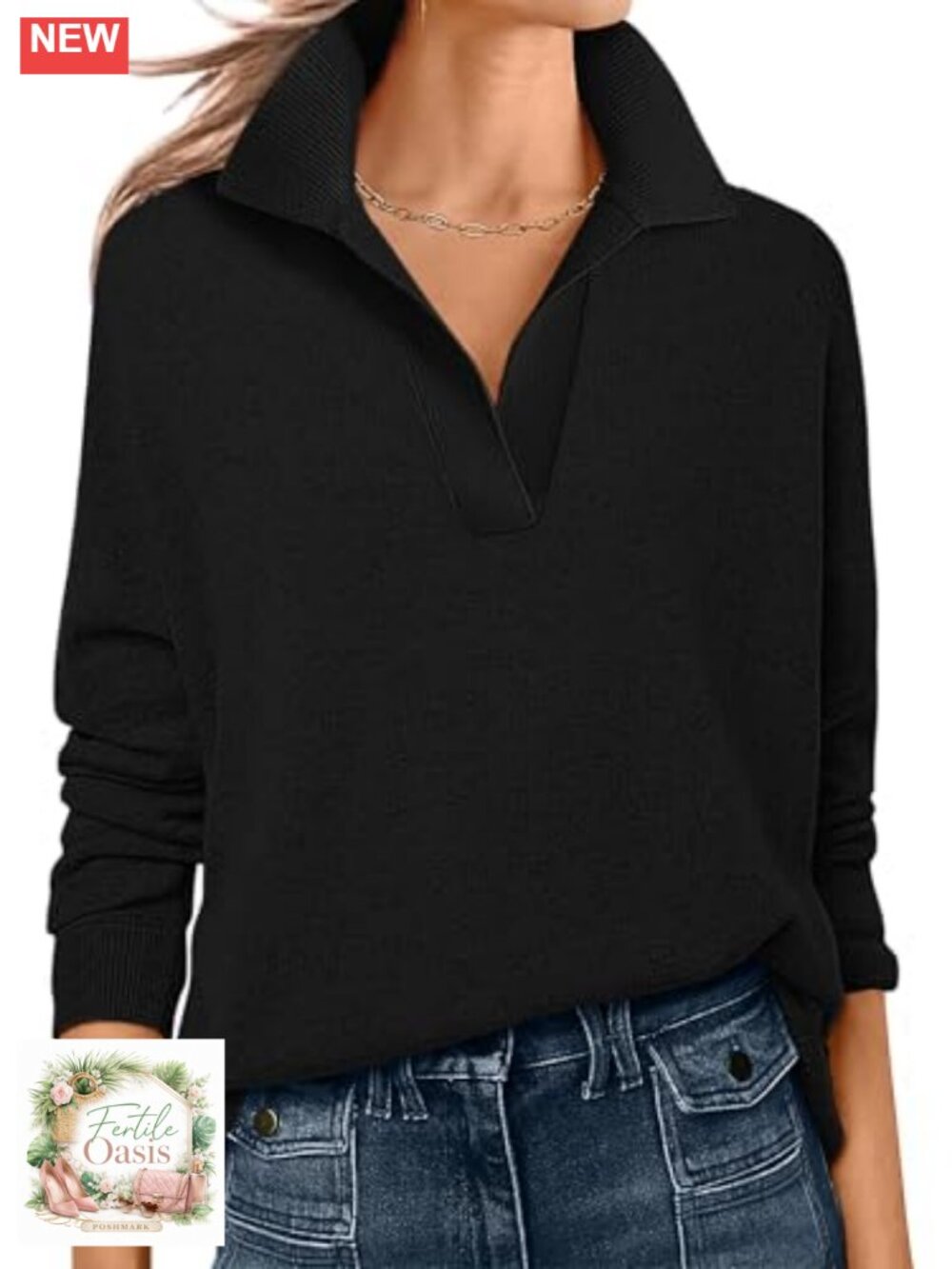 Womens Polo V Neck Lightweight Fall Sweaters Long Sleeve Collared Lapel